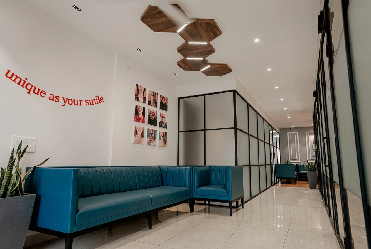Modern patient lounge with 'unique as your smile' wall art