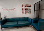Comfortable waiting area with teal seating